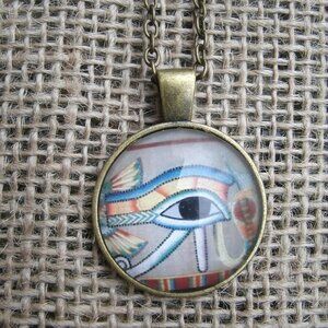Egyptian Eye of Ra Udjat Glass Cabochon Pendant Necklace